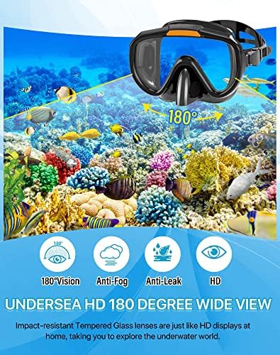 Snorkeling Gear for Adults Men Women,4 in 1 Snorkel Set with Panoramic View Diving Mask Anti-Fog Anti-Leak,Dry Top Snorkel,Fins and Travel Bag for Swimming,Snorkeling and Travel Diving