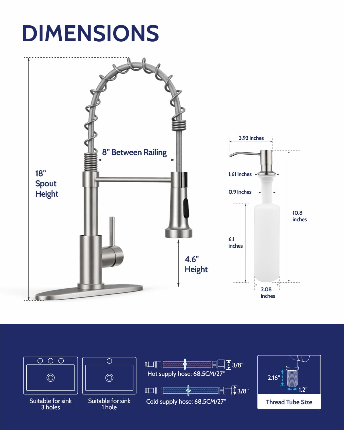 LUFEIDRA Kitchen Faucet with Pull Down Sprayer and Soap Dispenser, High Arc Spring 304 Stainless Steel Single Handle 1 or 3 Hole 2 Mode for Farmhouse RV Camper Laundry Bar Pot Filler (Brushed Nickel)