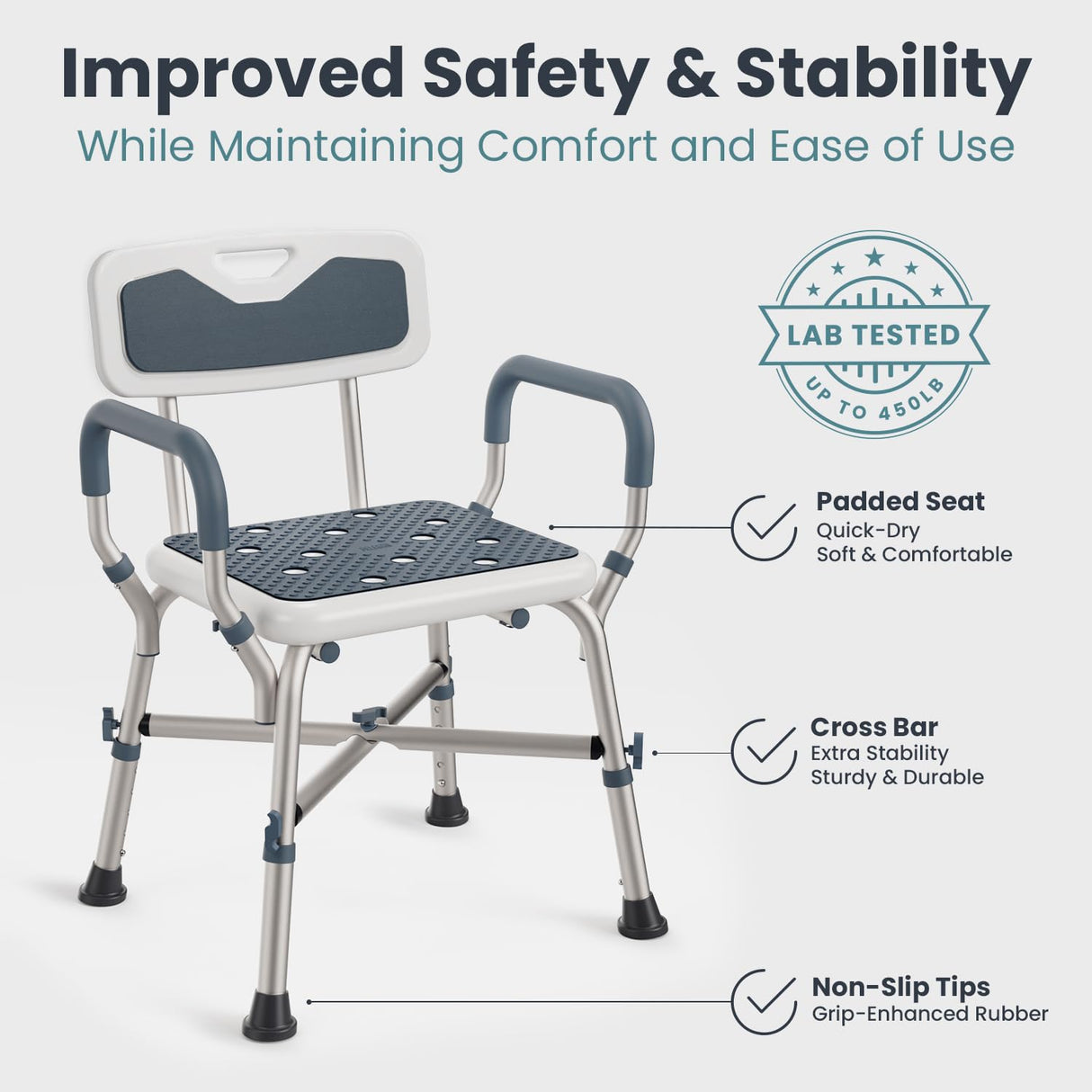 Shower Chair for Elderly and Disabled (450lb) with Padded Armrests and Back, Adjustable Height Shower Seat, Heavy Duty Shower Chairs for Inside Shower, Handicap - Blue