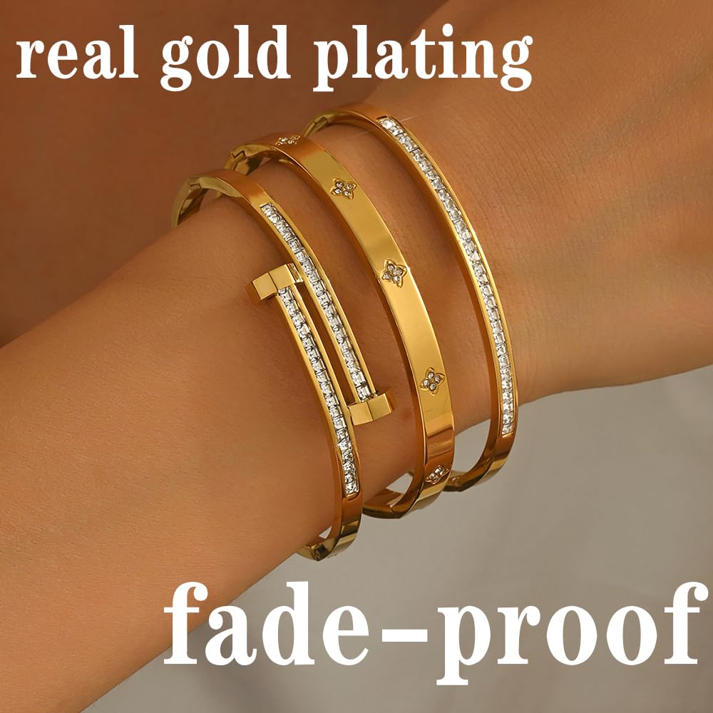 Xigocorsn Gold Bangles Bangle Bracelets Set for Women, genuine gold electroplating 3 Piece Elliptical Design with Cubic Zirconia Accents, 2.36 Inch Diameter, Waterproof Stainless Steel