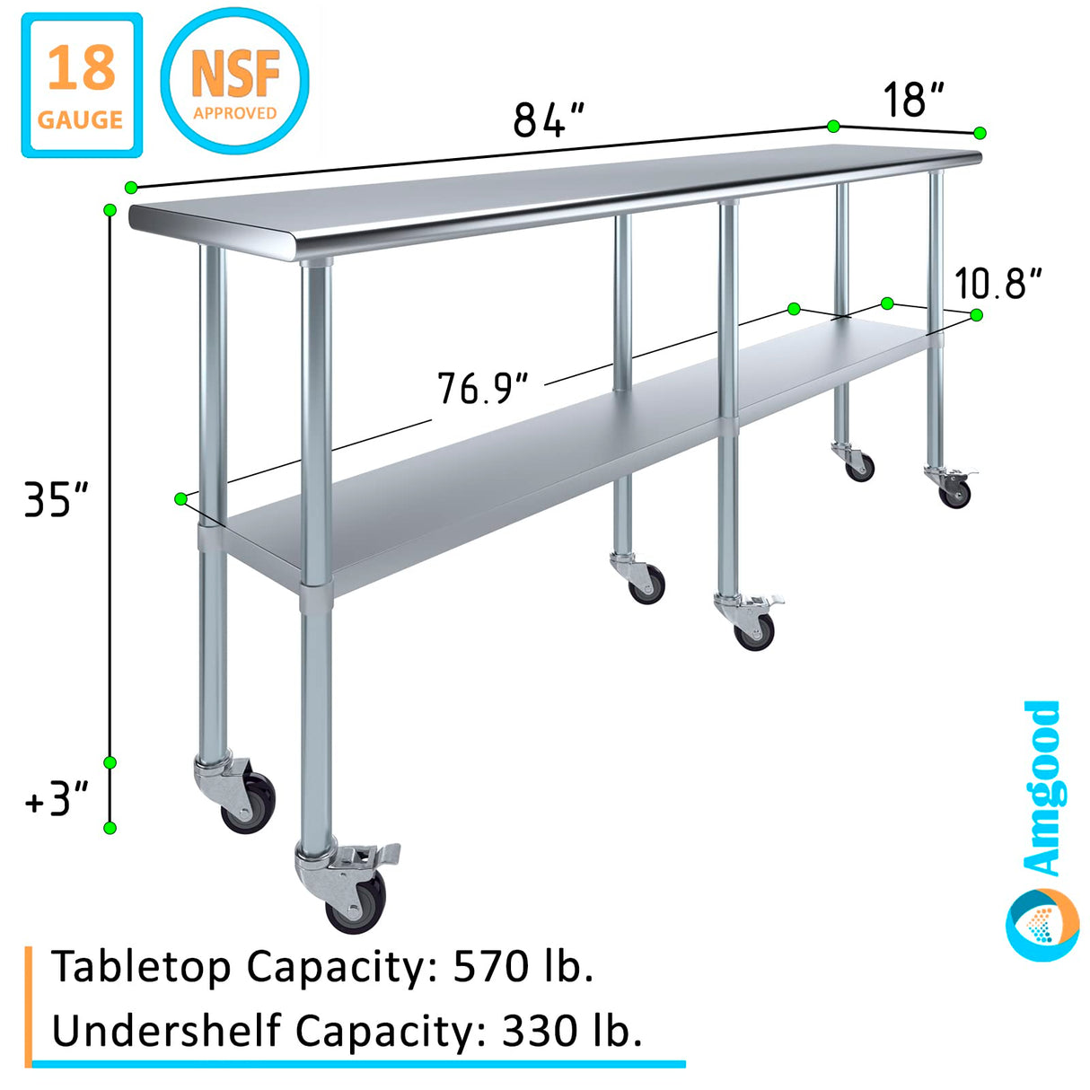 AmGood 18 in. x 84 in. Stainless Steel Work Table with Wheels | Metal Kitchen Food Prep Table | NSF
