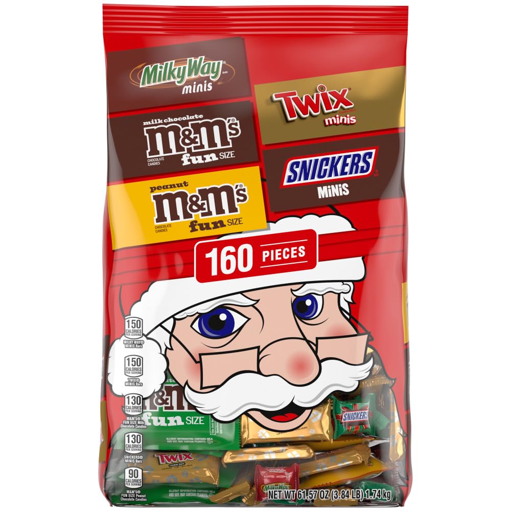 M&M'S Milk Chocolate & Peanut, SNICKERS, TWIX & MILKY WAY Fun Size Mini Chocolate Candy Variety Pack, Christmas Candy Individually Wrapped Stocking Stuffers, 160-Piece Bulk Bag
