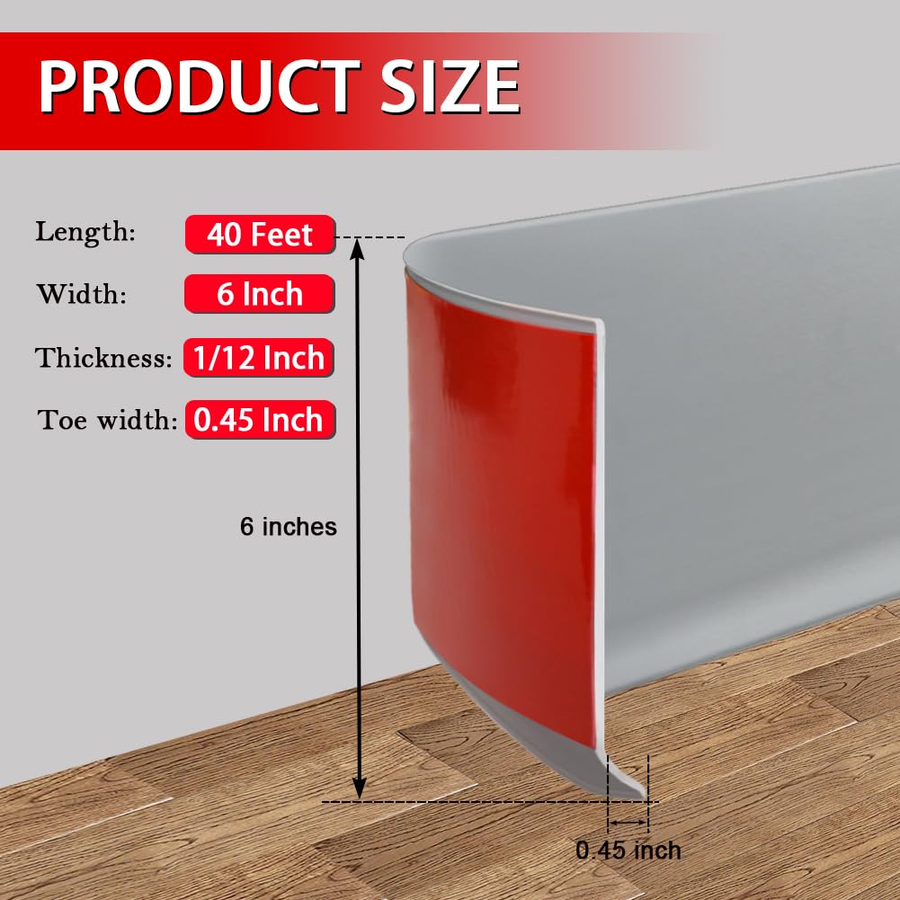 Vinyl Wall Base Baseboard Molding Trim 6" Flexible Self Adhesive Rubber Wall Base Moulding Trim Peel and Stick Design, 6 Inch x 40 Feet, Gray