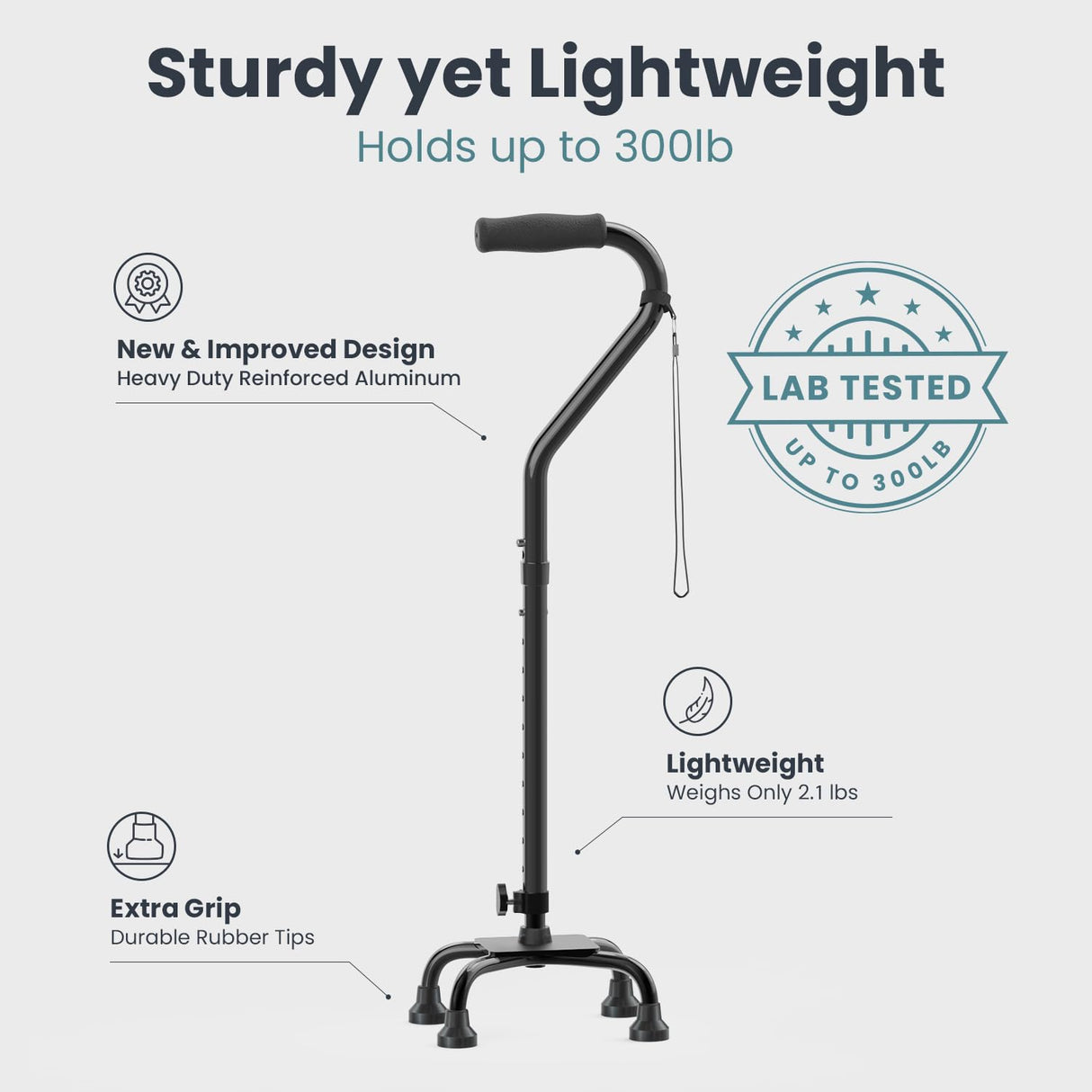 PELEGON Quad Cane (300 lb) - Adjustable Walking Cane with A Large 4 Pronged Base for Extra Balance & Stability, Walking Canes for Seniors, Walking Cane for Men & Women, Walking Sticks (Black)