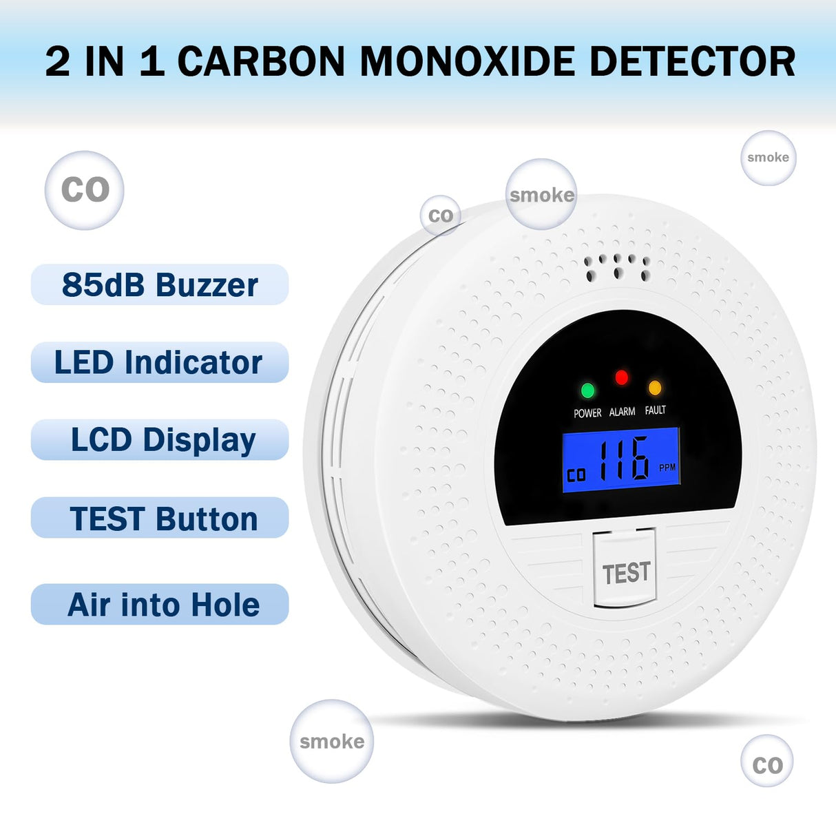 2-in-1 Combination Smoke and Carbon Monoxide Detector, Battery Powered Detector with Test Button, Digital Display, 85dB Warning Sound, Easy Installation