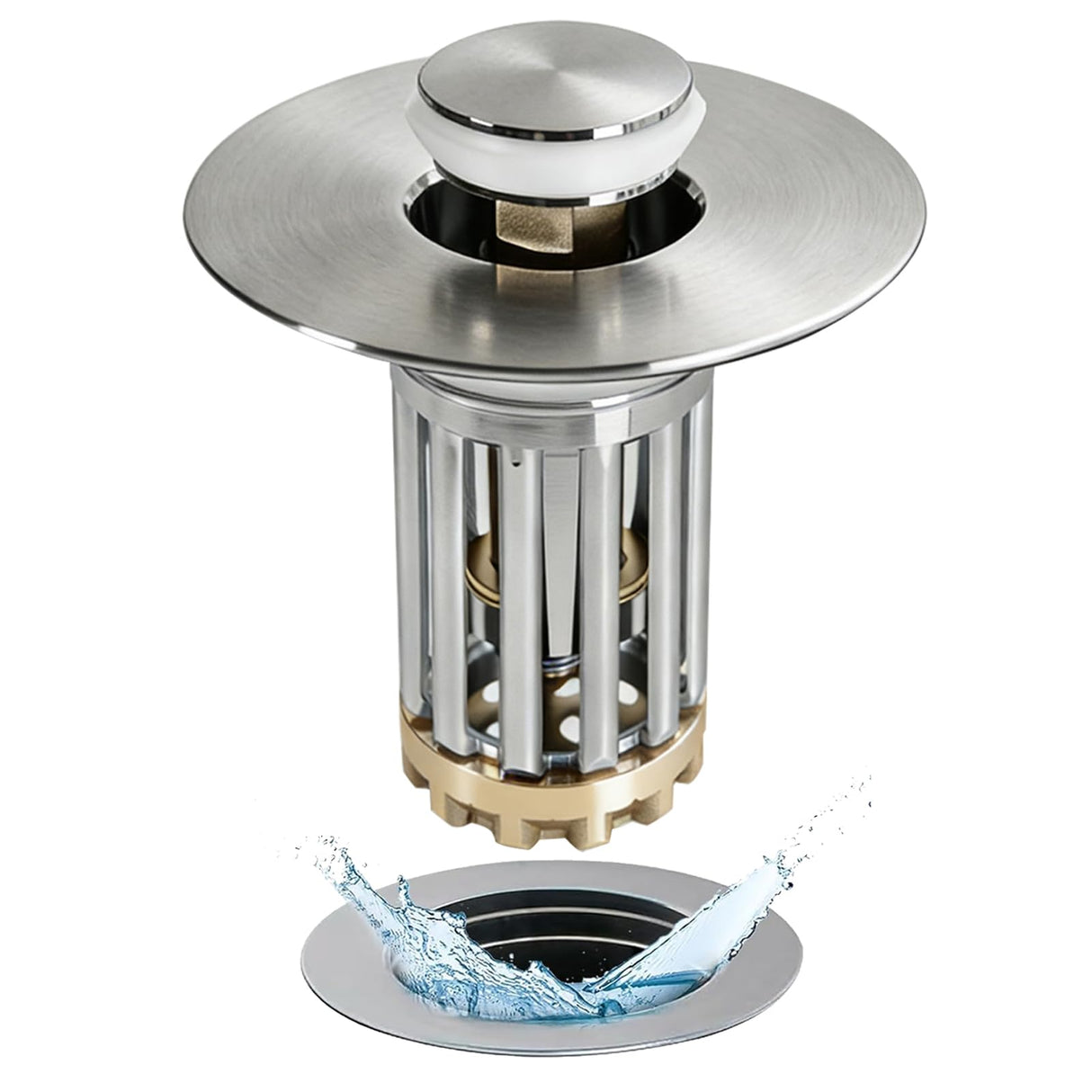 Anlige 3 in 1 Pop Up Bathroom Sink Stopper, Bathroom Sink Drain Strainer, with Removable Basket Hair Catcher, Universal Sink Plug Cover for 1.06 in to 1.6 in Drain, Brushed Nickel