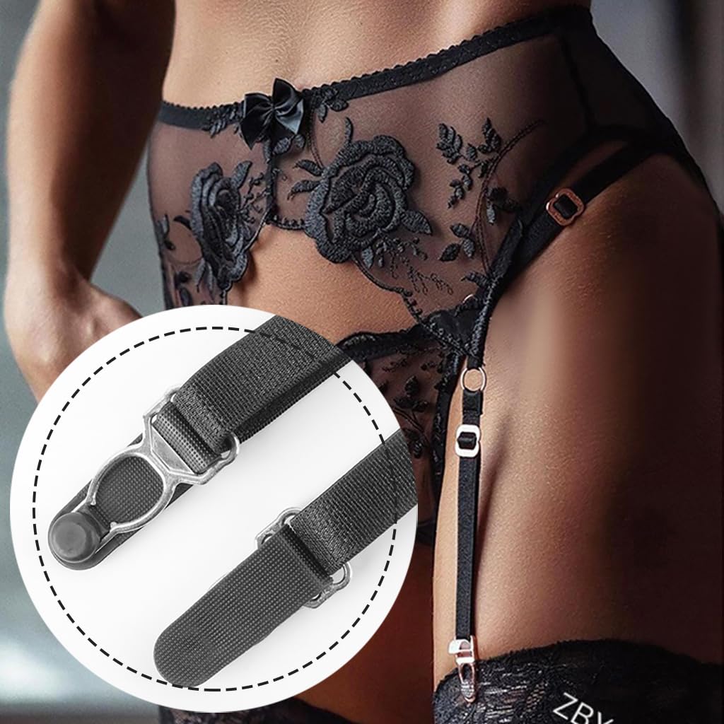 UnderYours Lace Garter Belt Thong Set for Women Suspender Lingerie with 4 Metal Clips Holder Belts for Stockings+G-string
