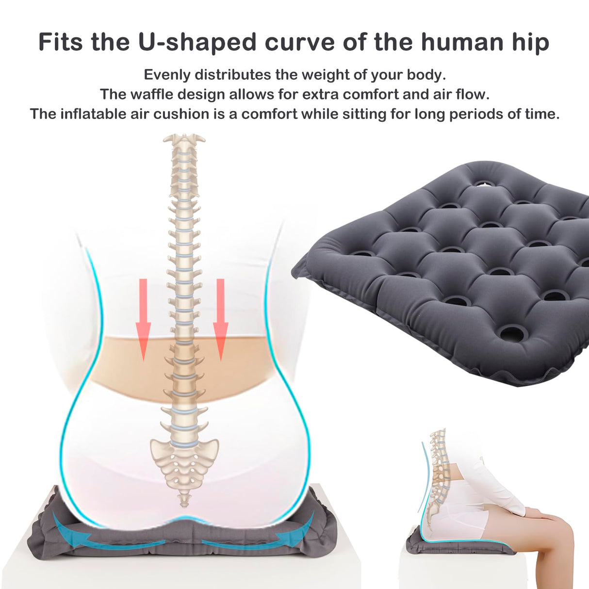 POPIPEN Inflatable Seat Cushion, Portable Air Seat Chair Cushions for Pressure Relief Breathable Waffle Square Seat Pad for Home Car Wheelchairs Office Chairs and Airplanes (1 Pack)