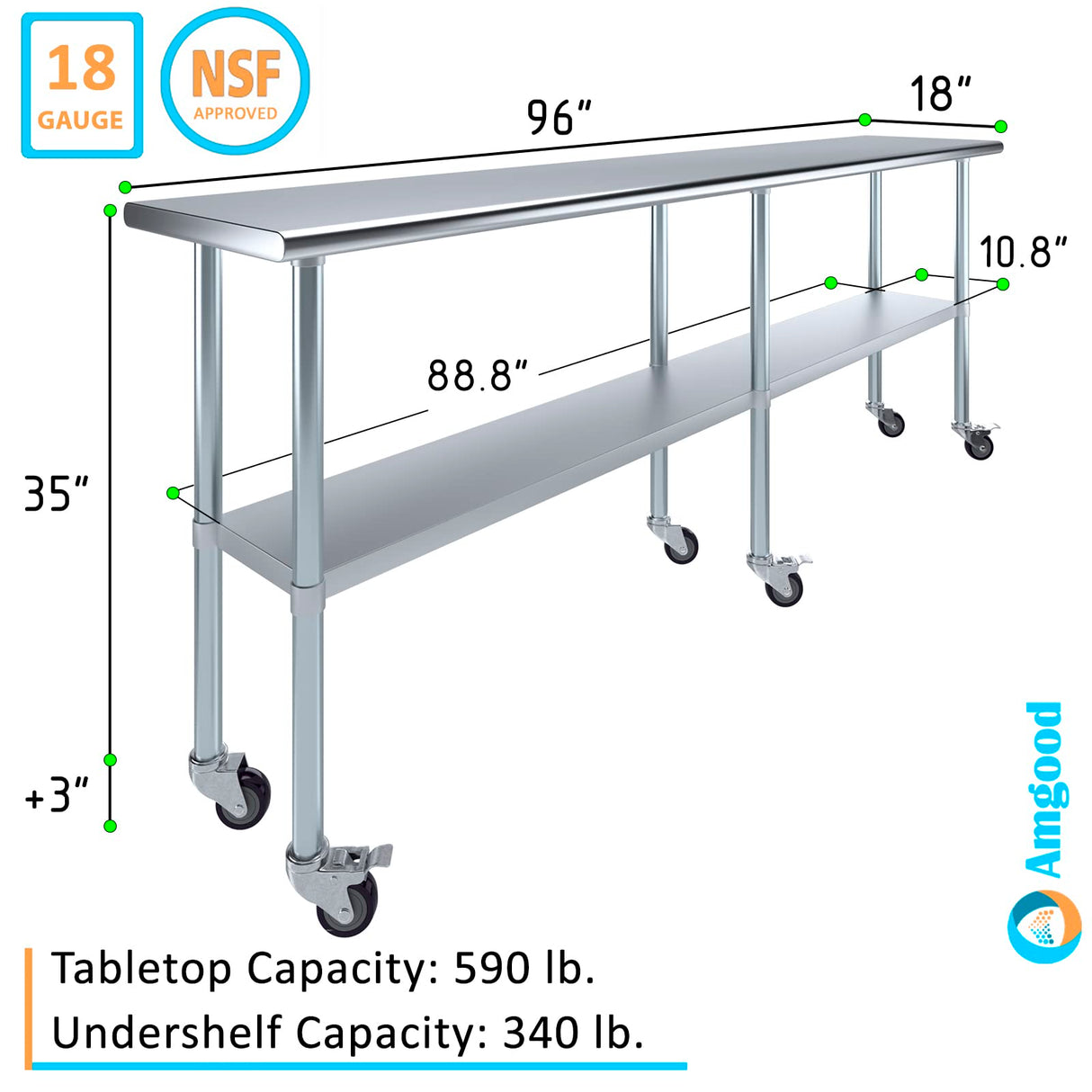AmGood 18 in. x 96 in. Stainless Steel Work Table with Wheels | Metal Kitchen Food Prep Table | NSF