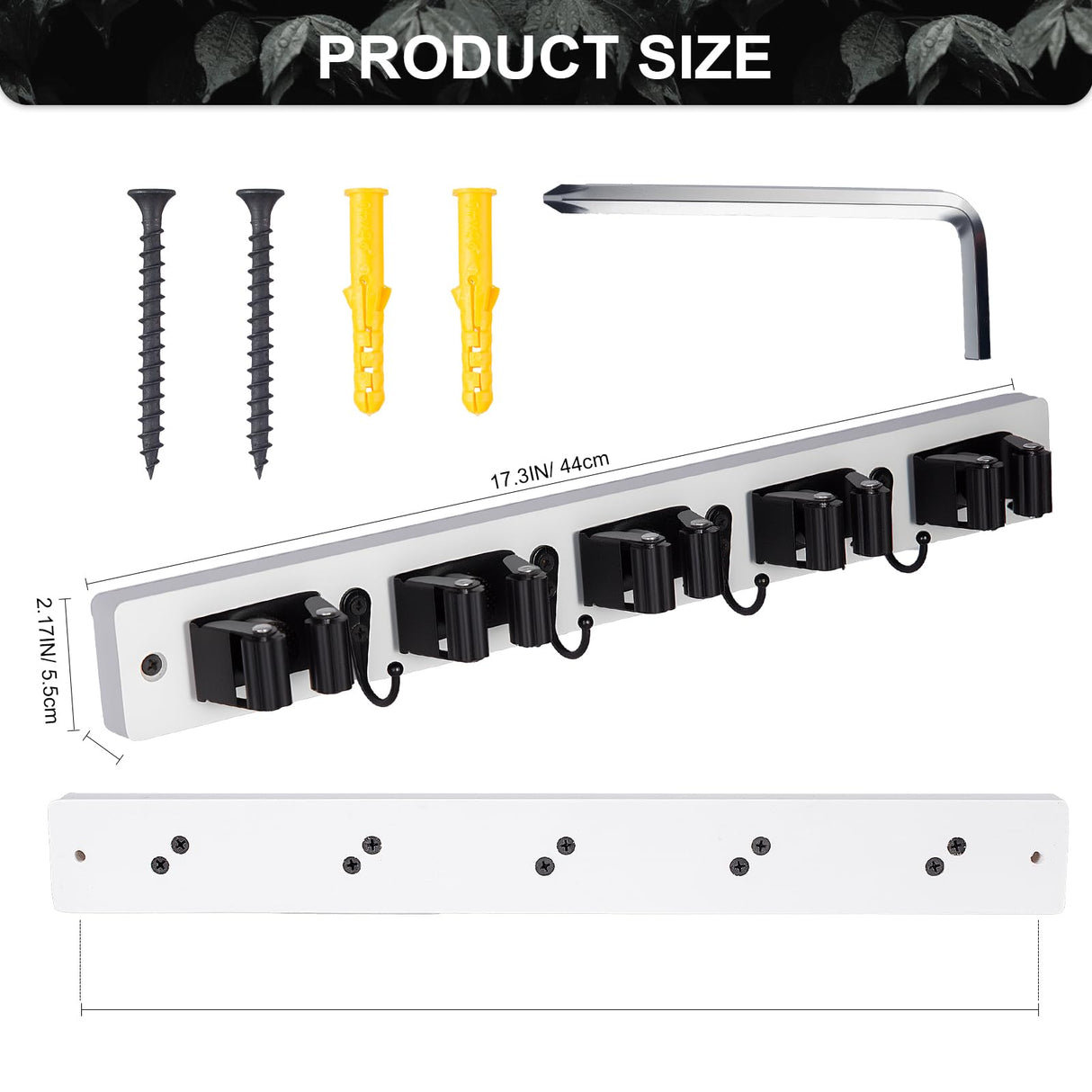 FunCee Broom Holder Wall Mount With 5 Slots & 4 Hooks,Rustic Wood Broom & Mop Hanger,Wall Mounted Garden & Garage Tool Storage Organizer Rack for Closet Laundry Room or Kitchen Wall Decor White