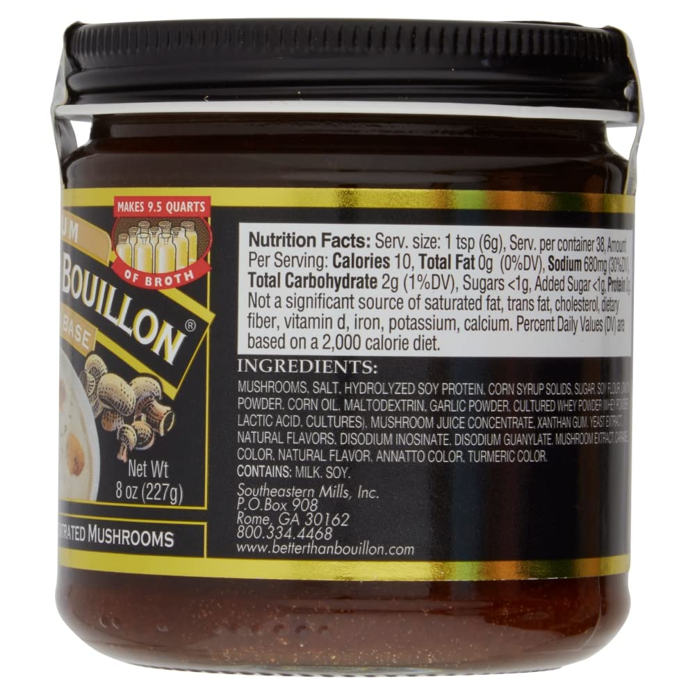 Better Than Bouillon Premium Mushroom Base, Made from Seasoned & Concentrated Mushrooms, Makes 9.5 Quarts of Broth, 38 Servings, 8 OZ (Single)