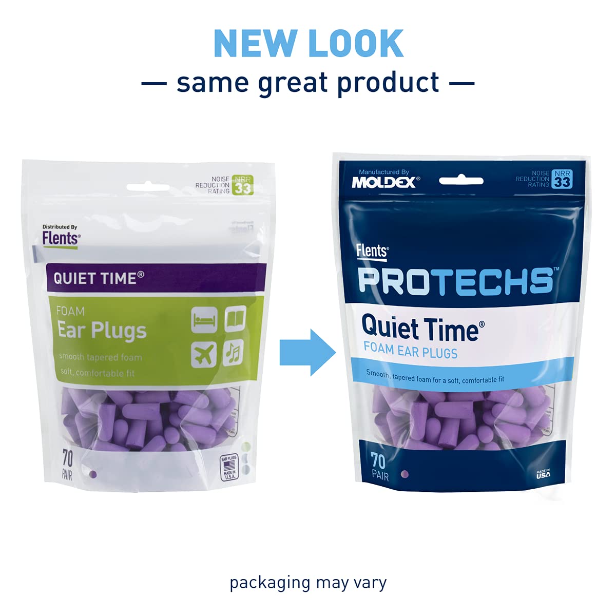 Flents Protechs Foam Ear Plugs, 70 Pair for Sleeping, Snoring, Loud Noise, Traveling, Concerts, Construction, Studying, Work, Shooting, NRR 33, Noise Cancelling, Disposable Purple, Made in the USA