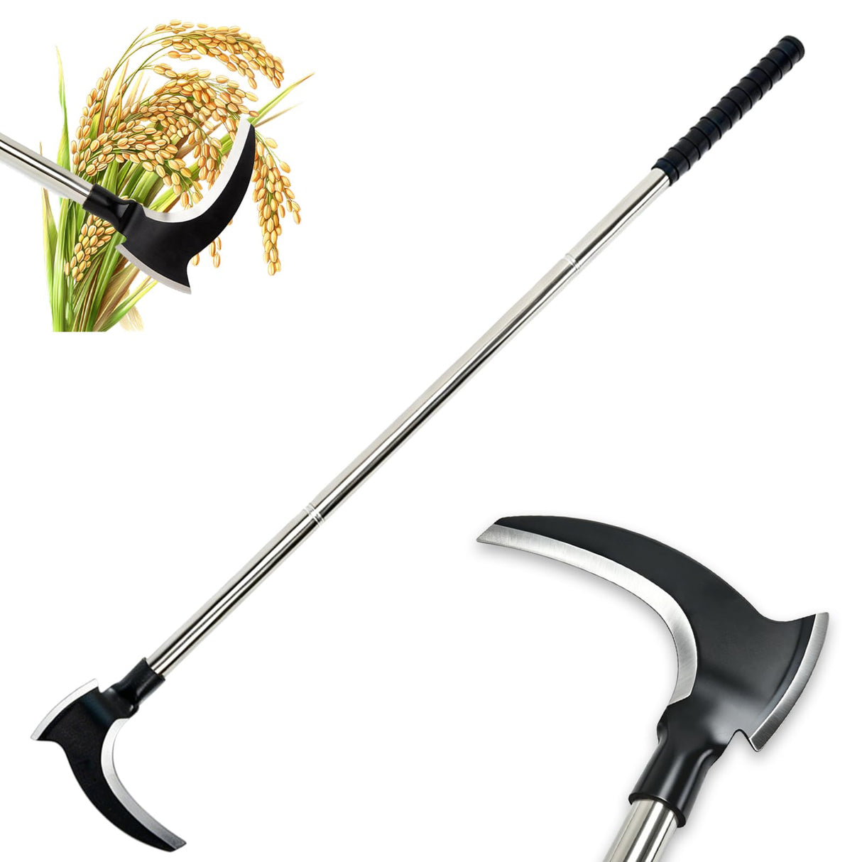 Haipeiyl Harvesting Weeding Sickle, Manual Weeder Tool with Sharp Double Blade Head, Upright Scythe for Weeding Farm Harvesting Clearing Vines Yard Gardening Pruning
