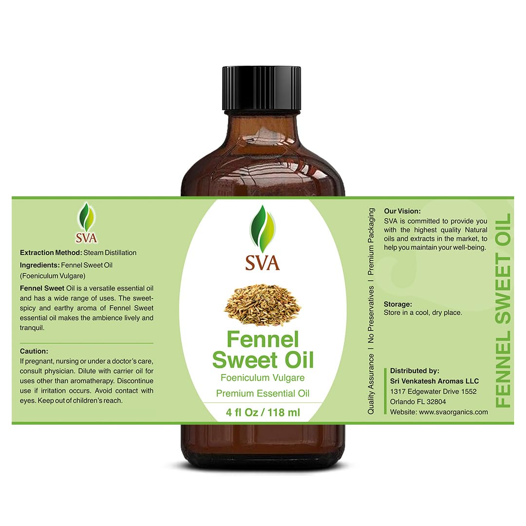 SVA Sweet Fennel Essential Oil – 4 Fl Oz – 100% Natural Fennel Oil - for Diffuser, Hair Care, Face, Skin Care, Aromatherapy, Scalp and Body Massage, Soap and Candle Making – with Dropper