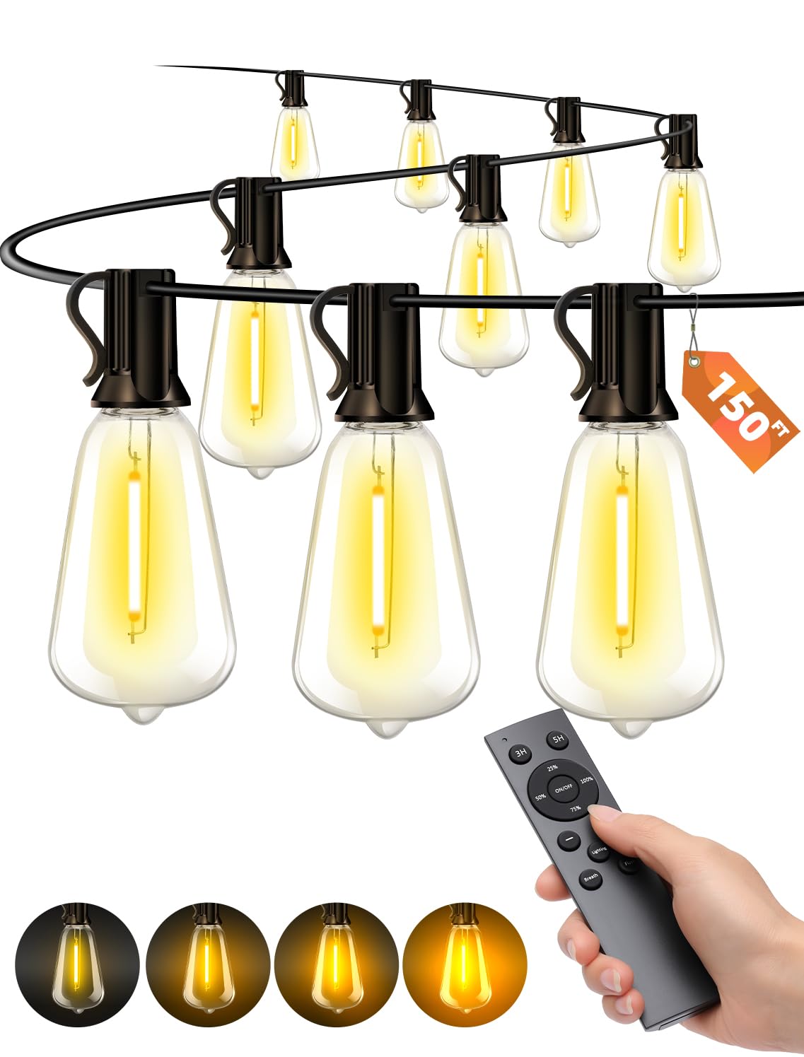VOZUJI Outdoor Patio String Lights: 150Ft 45M Outside Waterproof Light - Remote Dimmable ST38 Shatterproof Bulb Connectable Hanging Outdoor Electric Lighting - Backyard Yard Gazebo Porch Party