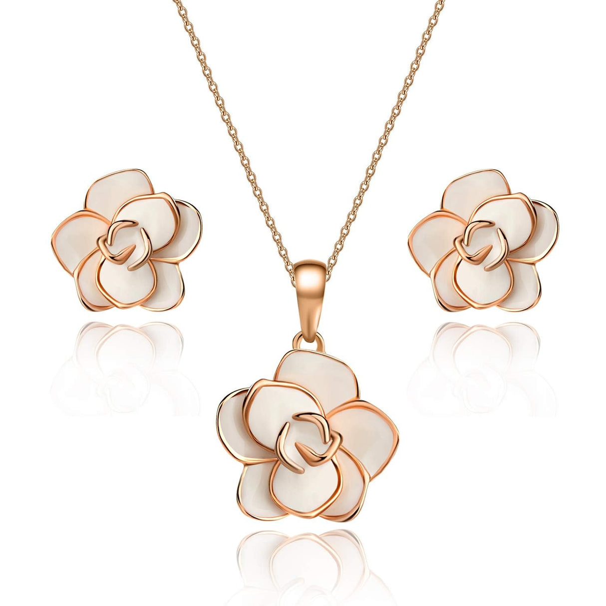 EVEVIC Rose Flower Necklace and Stud Earrings Set for Women,18K Gold Plated