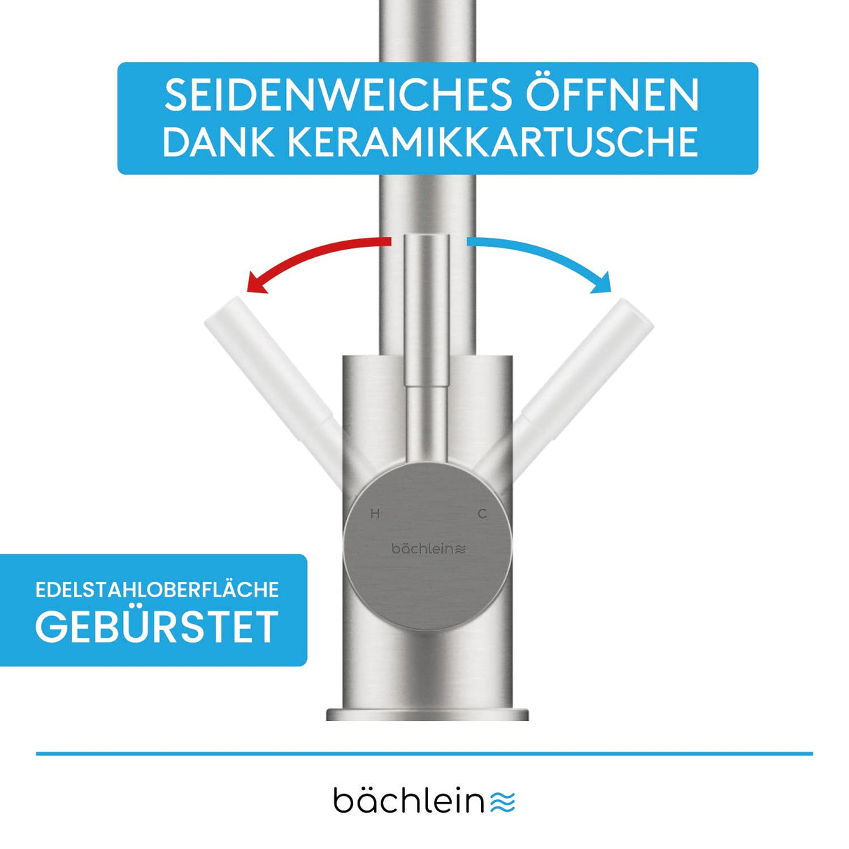 Bächlein Nedo Kitchen Faucet - 360° Rotatable (Brushed Stainless Steel) - Single Lever Mixer Tap Made of Stainless Steel with Flexible Neck and Shower with Switch Knob, Tap for Kitchen
