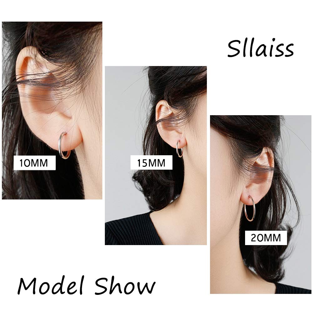 Sllaiss 3 Pairs 925 Sterling Silver Small Hoop Earrings For Women Men Round Endless Hoop Earrings Set Lightweight 10MM 15MM 20MM (Set 1:10MM 15MM 20MM)
