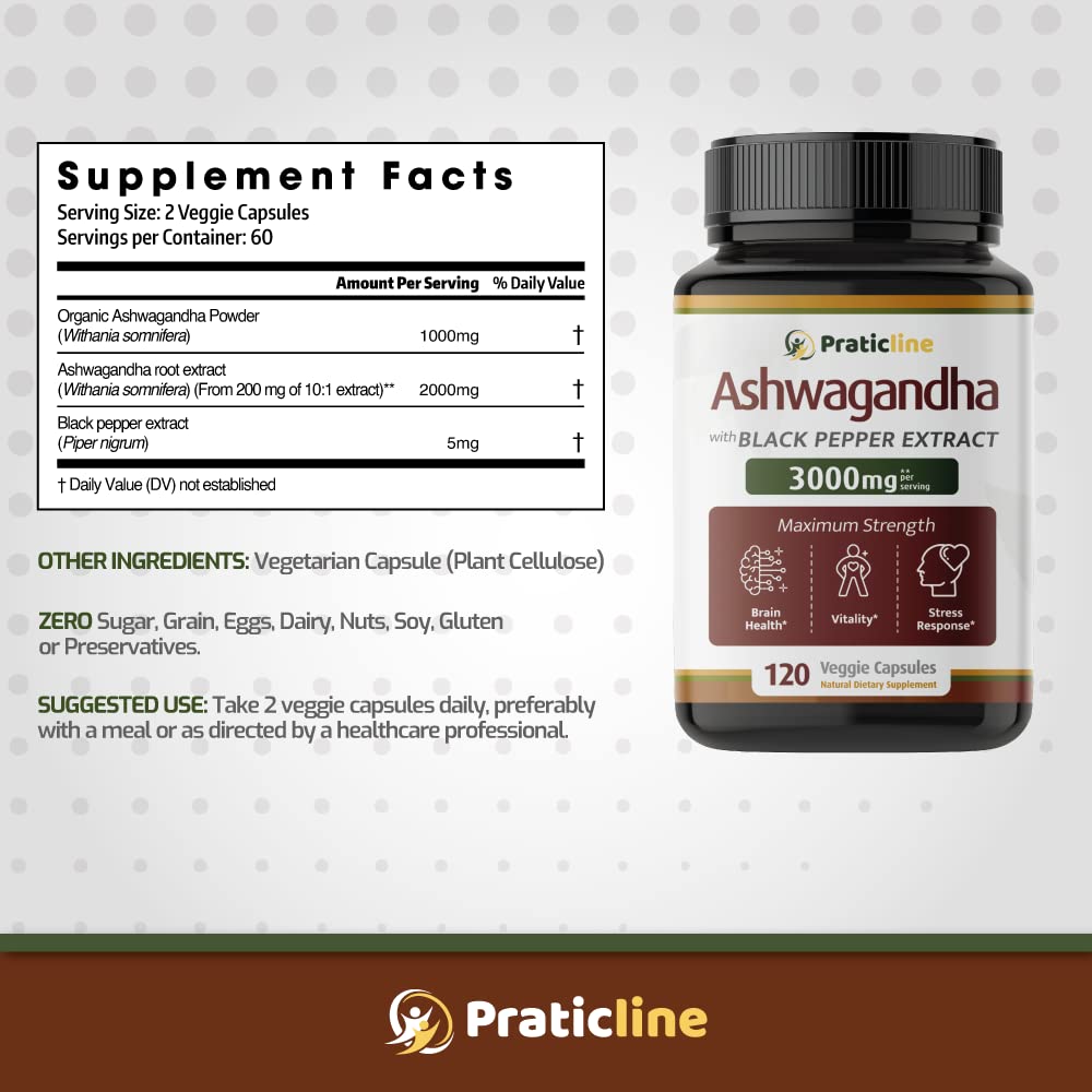 PRATIC LINE Ashwagandha Capsules 3,000 mg - 120 Vegan Cap Made with Organic Ashwagandha Powder and Root Extract. Gluten Free. Made in USA