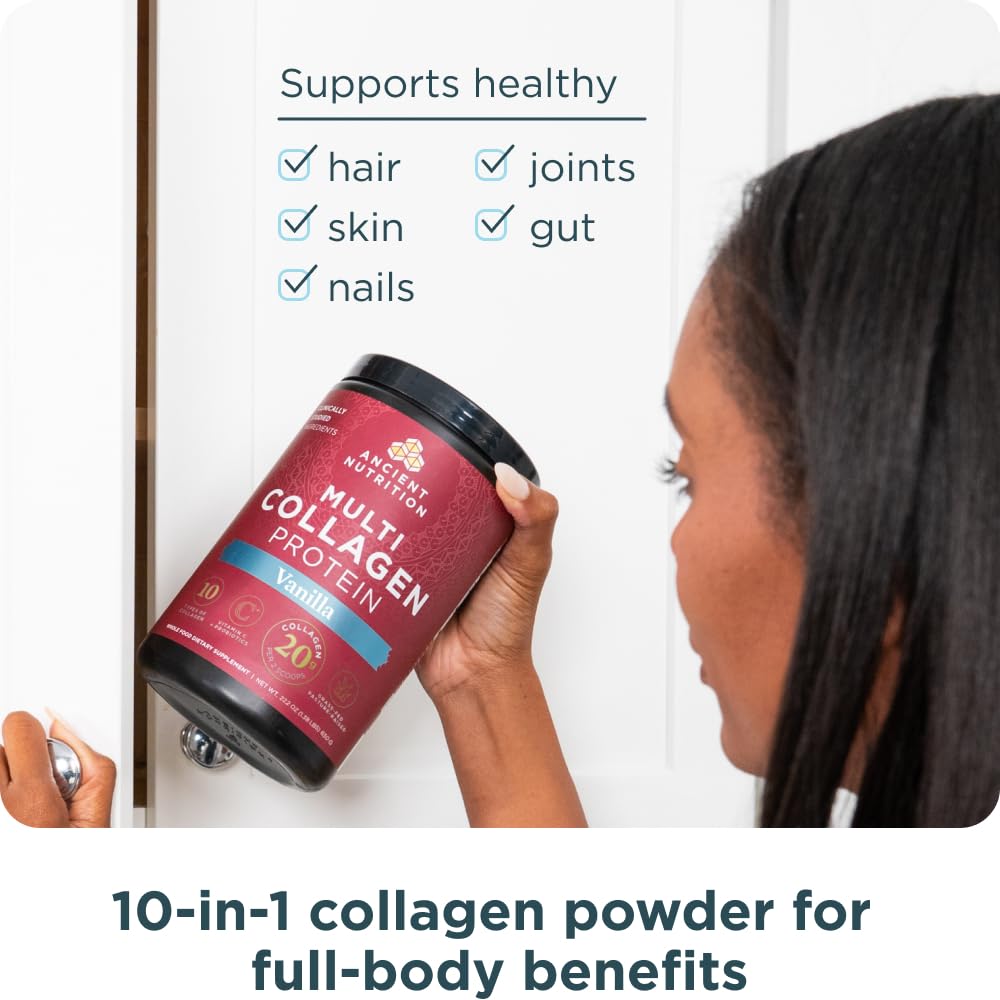 Collagen Powder Protein by Ancient Nutrition, Multi Collagen Vanilla Protein Powder, 45 Servings, with Vitamin C, Hydrolyzed Collagen Peptides Supports Skin and Nails, Gut Health, 16.7oz
