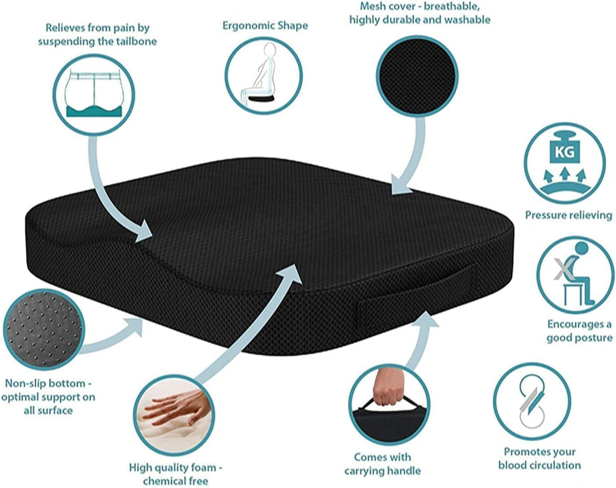 Portable Seat Cushion for Office Soft Memory Foam Seat Cushion Non Slip Bottom with Carry Handle,Washable Cover,Comfortable Coccyx Cushion for Home Office Chair Pad,Car Seat, Wheelchair (Black)