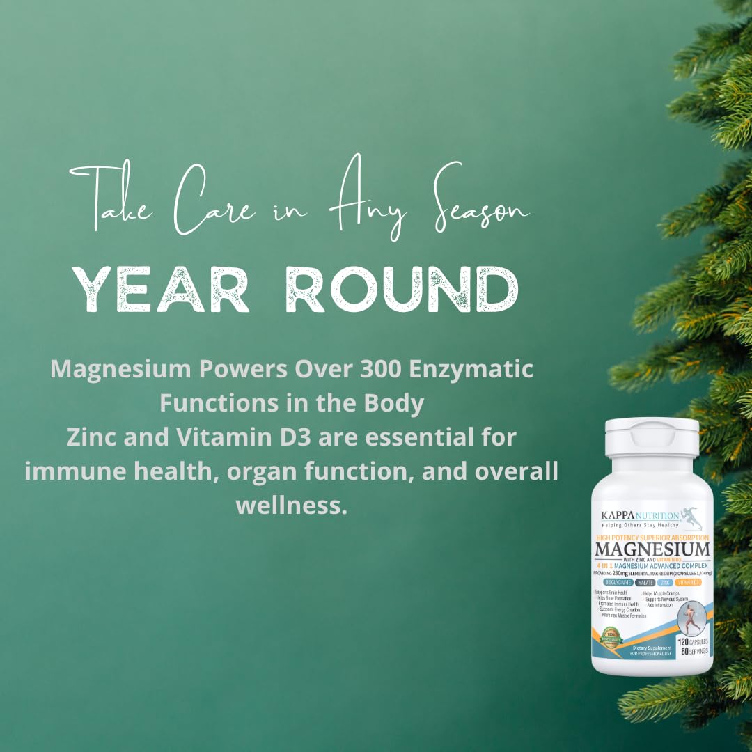 Kappa Nutrition Magnesium 4-in-1, 280mg Elemental Magnesium (Bisglycinate, Malate) + Zinc & Vitamin D3, Brain, Sleep, Energy, Muscle, Immune Support, 120 Vegan Capsules.