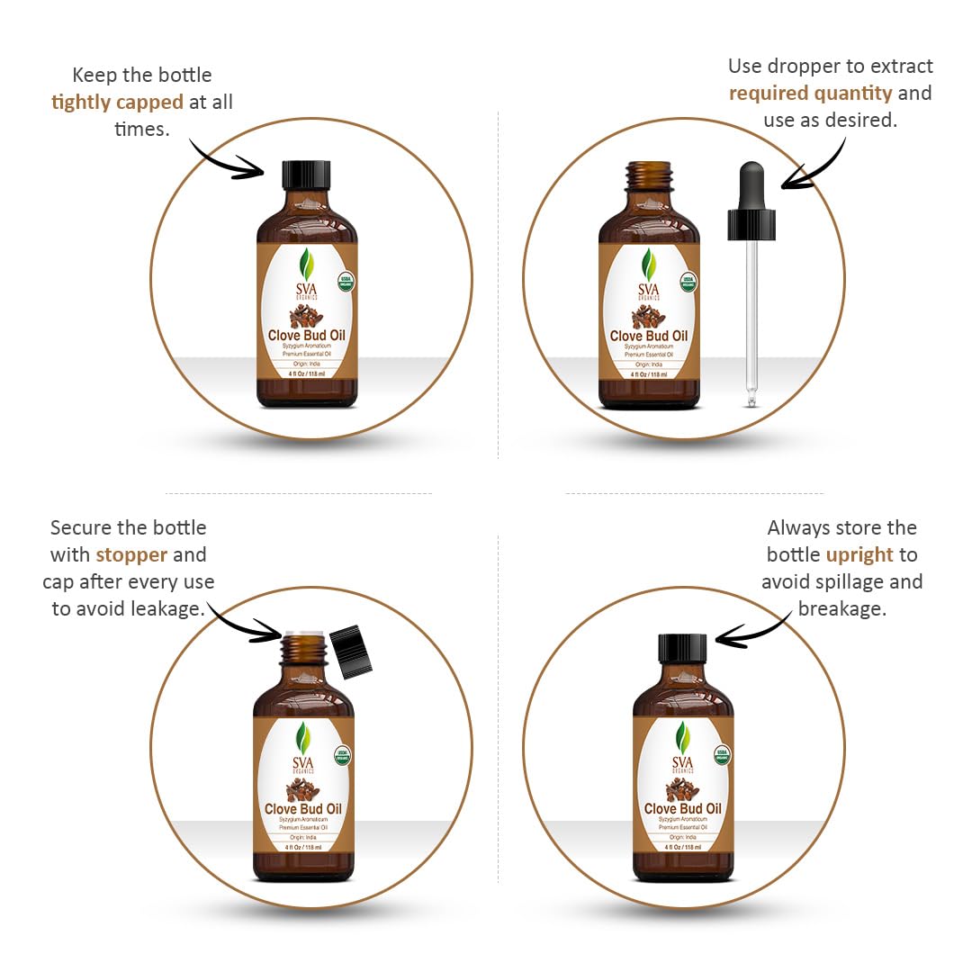 SVA Clove Essential Oil Organic – 4 Fl Oz – 100% Natural Organic Clove Oil - for Diffuser, Hair Care, Face, Skin Care, Aromatherapy, Scalp and Body Massage, Soap and Candle Making - with Dropper