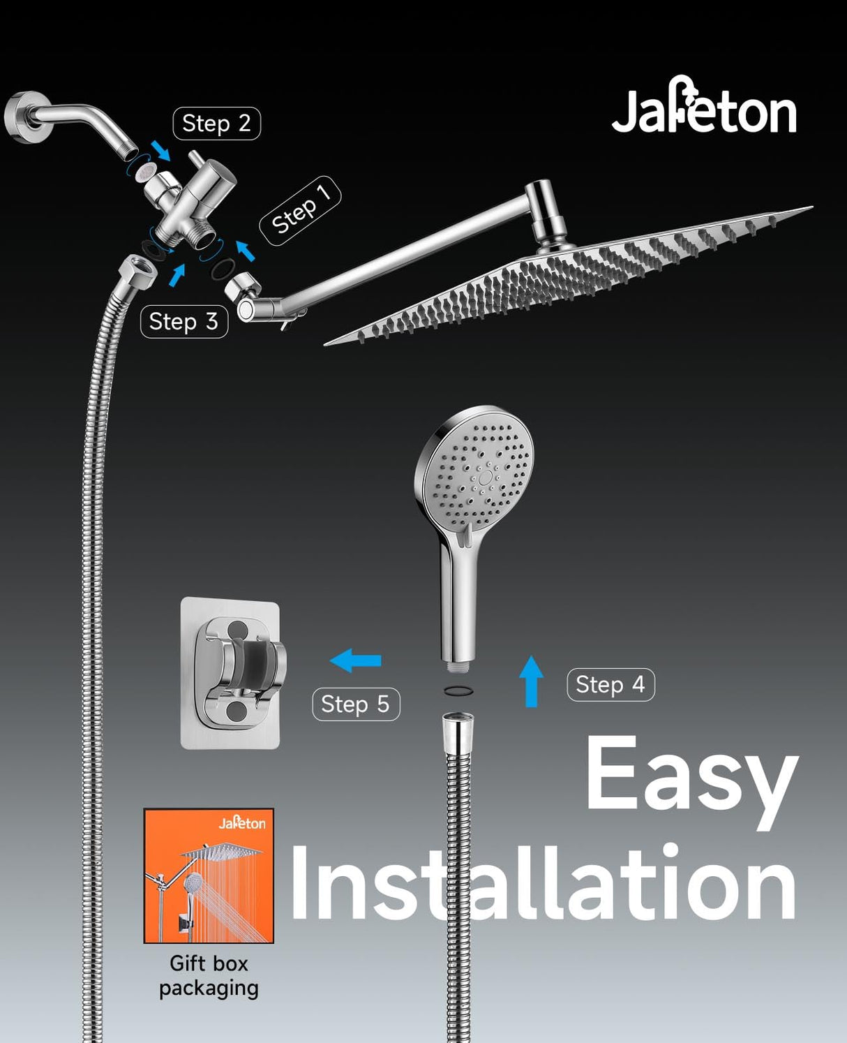 Shower Head High Pressure,10" Rain Shower Head With Handheld Spray Combo, Shower Heads with Hose and 11'' Angle Adjustable Extension Arm, Waterfall Showerhead, Dual Detachable Shower Head