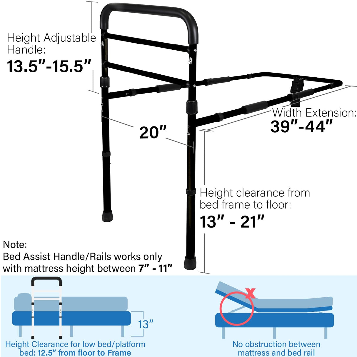 Vaunn Medical New Adjustable Bed Assist Rail Handle (Passed ASTM F3186–17 Safety Standard) and Hand Guard Grab Bar, Bedside Safety and Stability (Tool-Free Assembly) (Black)