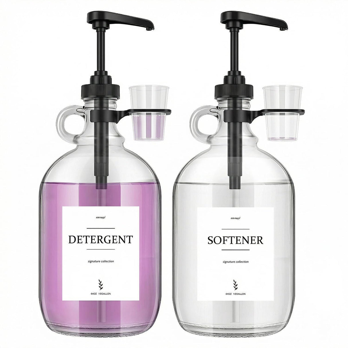 2 Pcs Glass Liquid Laundry Detergent Dispenser with Cup Holders, Half Gallon Dispenser for Laundry Room (64 oz. Each), Laundry Detergent Bottles with Pump Dispenser - (Black Pumps)