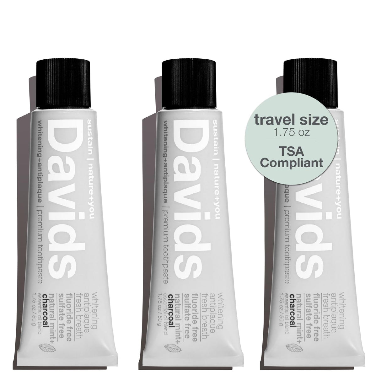 Davids Whitening Charcoal Travel Toothpaste, Antiplaque, Fluoride Free, Peppermint, 1.75 OZ, TSA Approved Travel Size (3 Pack)