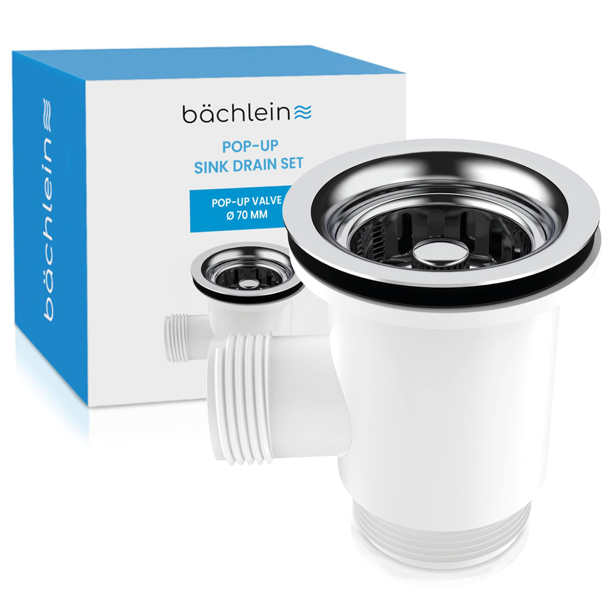 Bchlein Pop Up Drain Fitting with Overflow for the Sink, 70mm, Stainless Steel & Silicone, Kitchen Sink Drain