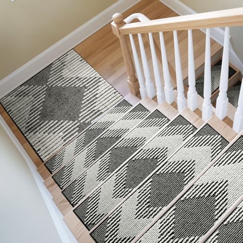 PADOOR 15PC Stair-Treads Non Slip, 3D Peel and Stick Stair Treads for Wooden Steps Indoor, Stair-Carpet Treads Washable Reusable Adhesive Stair-Runner Rugs for Kids and Dogs 8"x30" Black