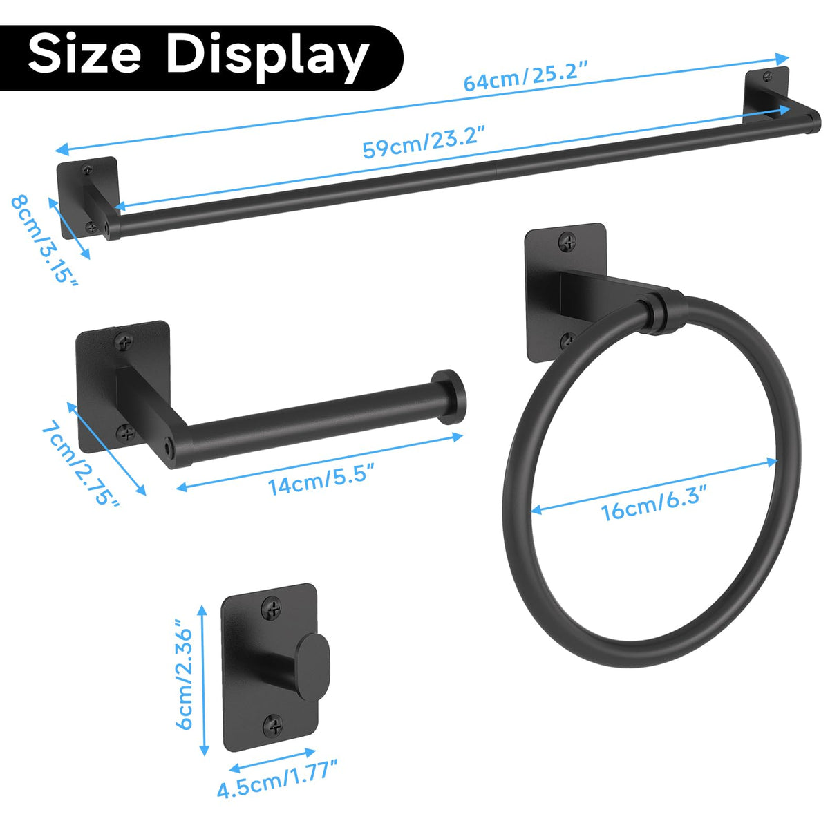 Matte Black Bathroom Accessories Set, KLJKPA 4 Pieces Bathroom Hardware Set, 24 inch Towel Bar, Towel Racks for Bathroom, Robe Towel Hooks, Toilet Paper Holder Wall Mounted