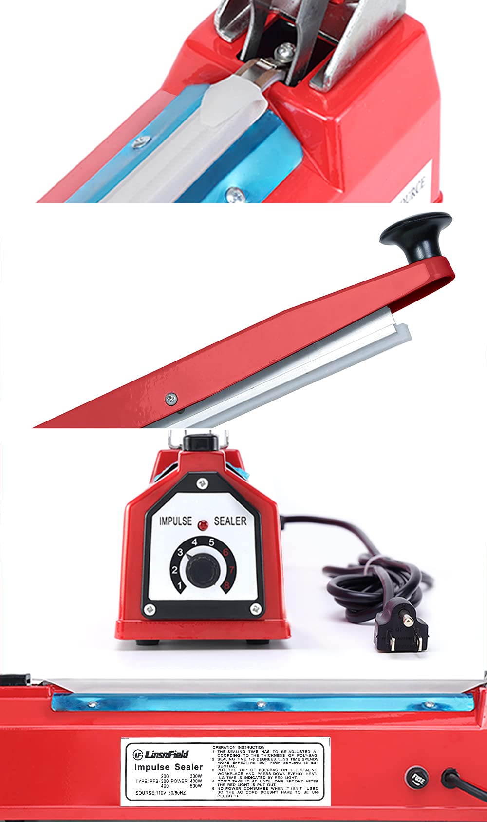 LinsnField Sealer Pro, 12-inch Super Impulse Heat Bag Sealer, 7-mm Sealing System with Patent for Never Burn Out, Antioxidant Aluminium Shield, Copper Transformer, Built-in Fuse Safety System, Red