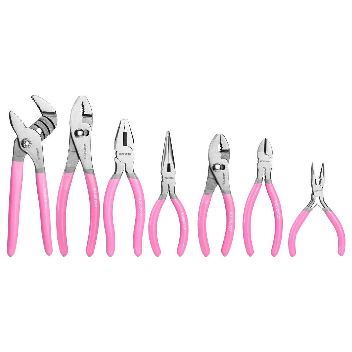 WORKPRO 7-piece Pliers Set with Groove Joint, Long Nose, Slip Joint, Linesman, and Diagonal Pliers for DIY & Home Use - Pink Ribbon