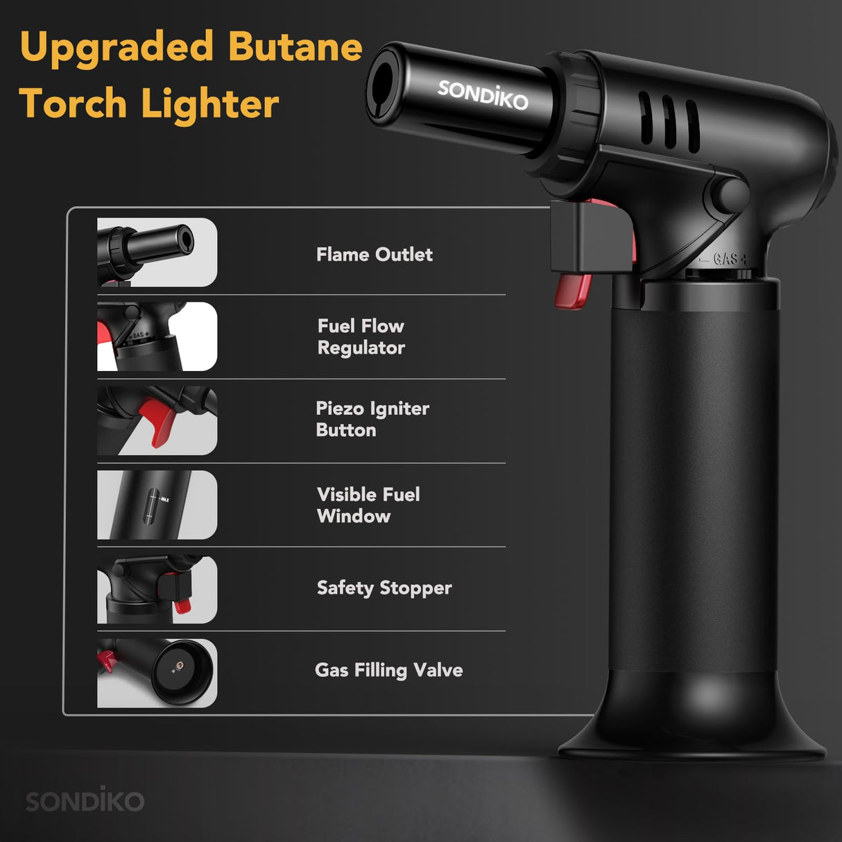 Sondiko Butane Torch Lighter with Visible Fuel Window, Refillable Soldering Torch with Adjustable Flame for Welding, Resin Art, Industrial (Butane Gas Not Included)