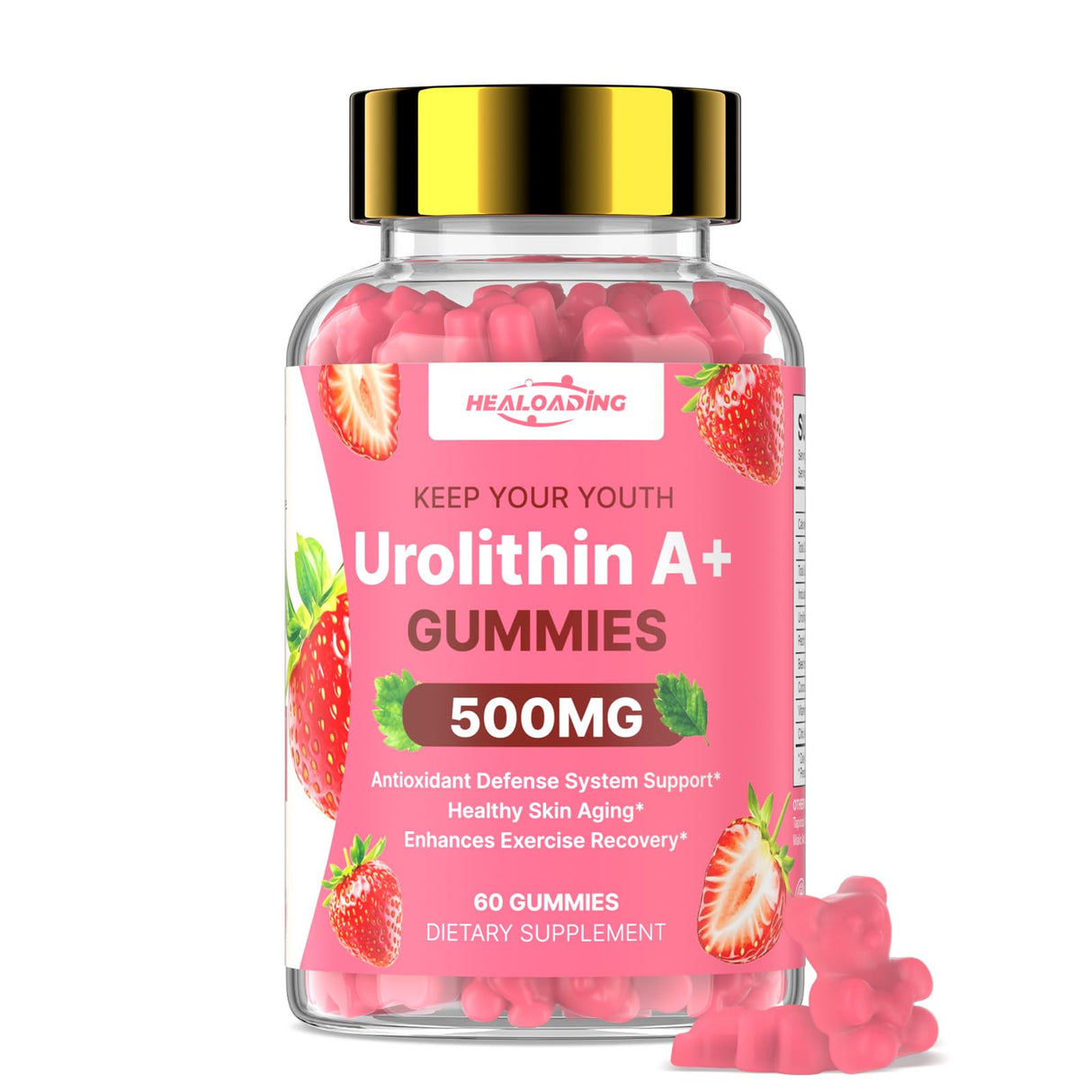HEALOADING Urolithin A Supplement Gummies 500MG:Urolithin A+ Supplement for Healthy Aging Antioxidants and Mitochondrial Support,Non-GMO Vegan Friendly(60 Count)