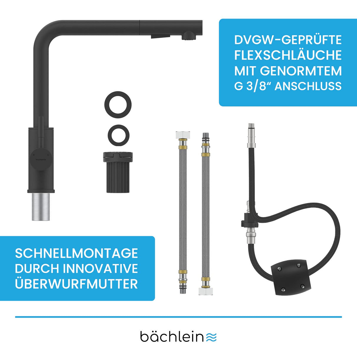 Bächlein 360 Degree Rotating Kitchen Mixer (Matte Black) - Stainless Steel Single Lever Sink Mixer with Extendable Hose and Switch Shower, Water Faucet