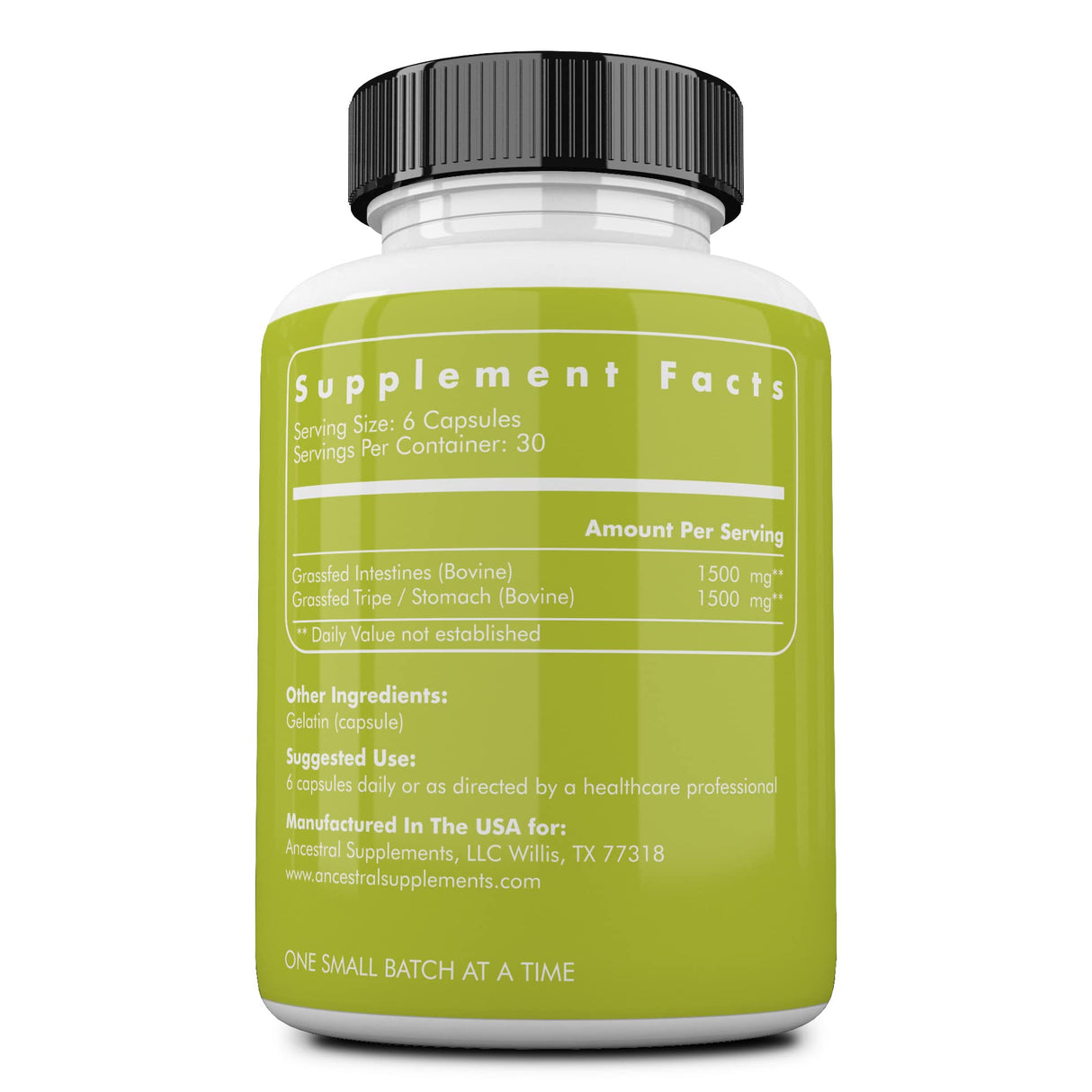 Ancestral Supplements Grass Fed Beef Intestines with Stomach (Tripe), 3000mg, Digestion Supplement Supports Acid Reflux and Gut, Intestine and Digestive Health, Non GMO, 180 Capsules