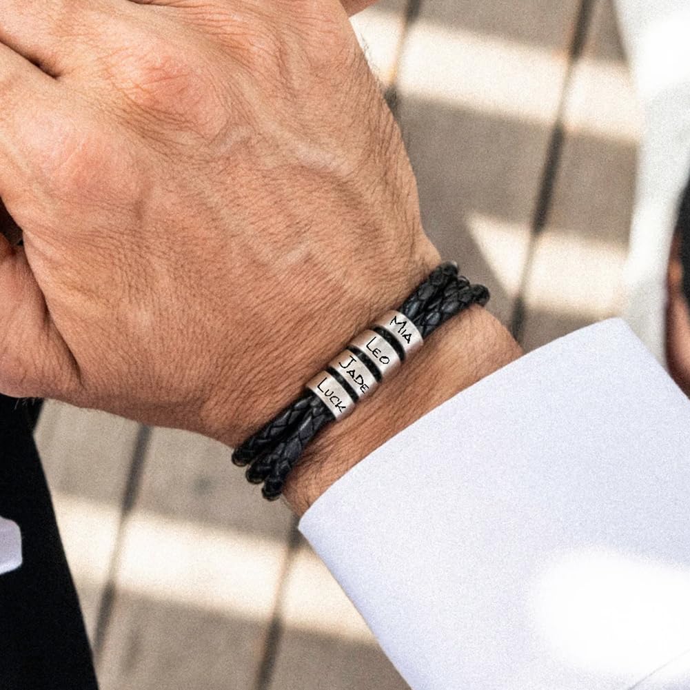 ShineSand Personalized Mens Leather Bracelet with Custom Beads, Customized Braid Leather Bracelet Engraved with Names for Men(Black, 5 Beads