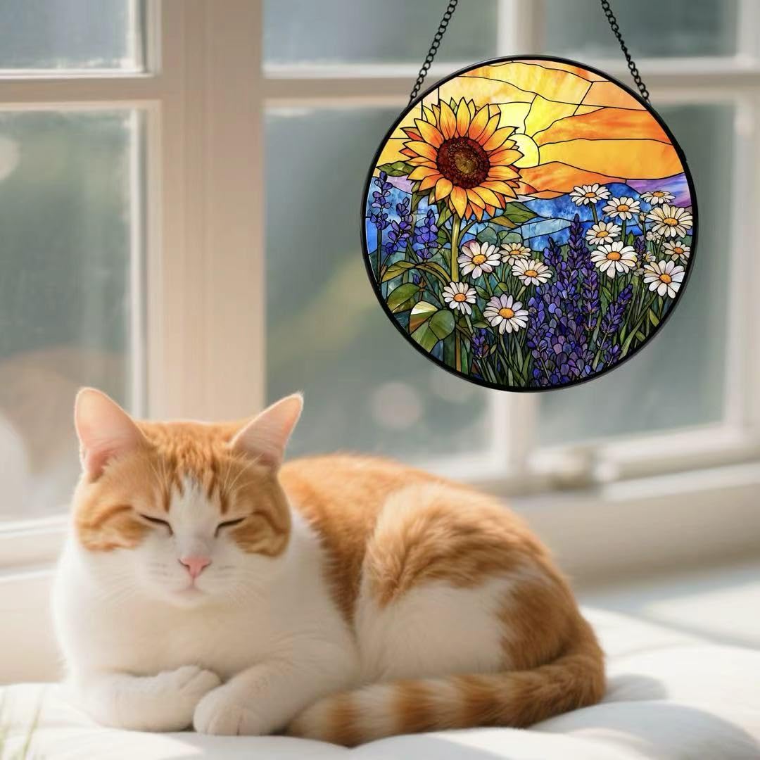 Argodaze Stained Glass Window Hanging - Sunflowers, Daisies, Lavender and Sunset 6.3 Inches Suncatcher for Garden Home Decor for Women Mom Grandma Friends