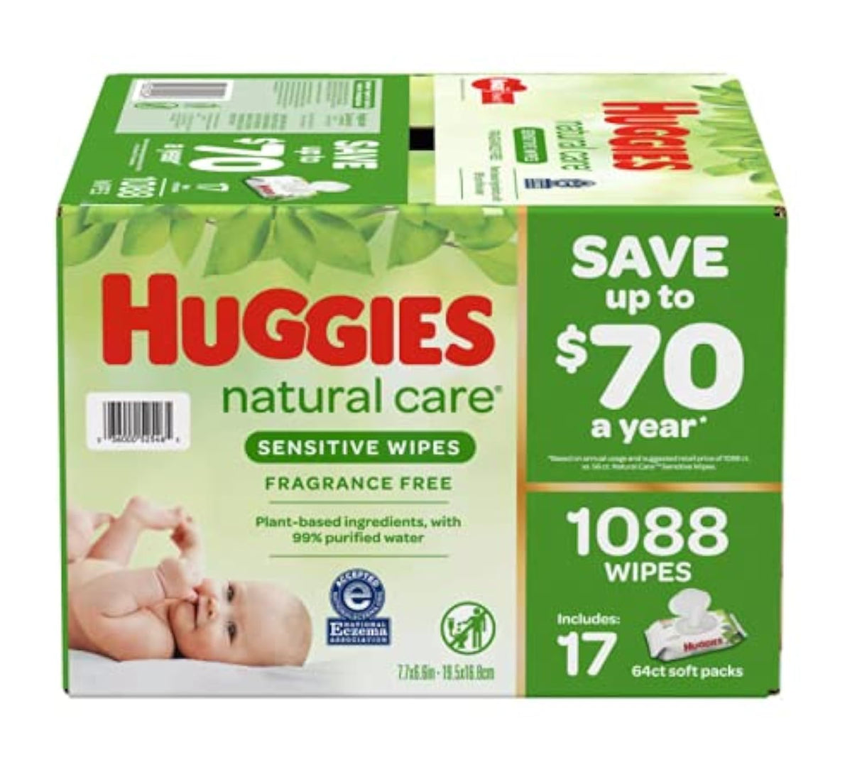 Huggies Natural Care Sensitive Baby Wipes, Unscented, Hypoallergenic, 99% Purified Water, 15 Flip-Top Packs (960 Wipes Total)