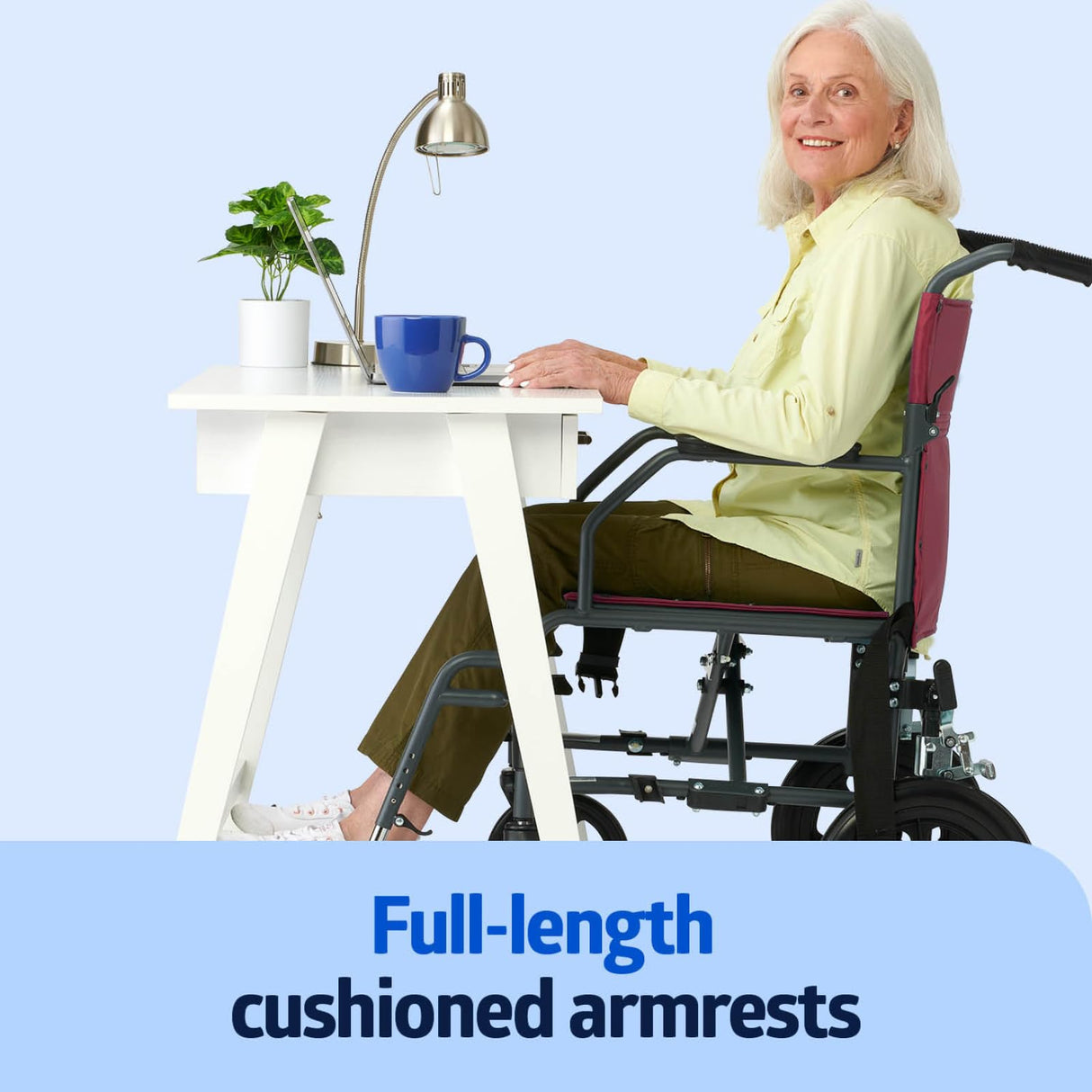 Medline Basic Steel Transport Chair - Full-Length Arms, Swing-Away Footrests, 12" Wheels - Gray/Burgundy - Durable & Convenient Mobility Aid