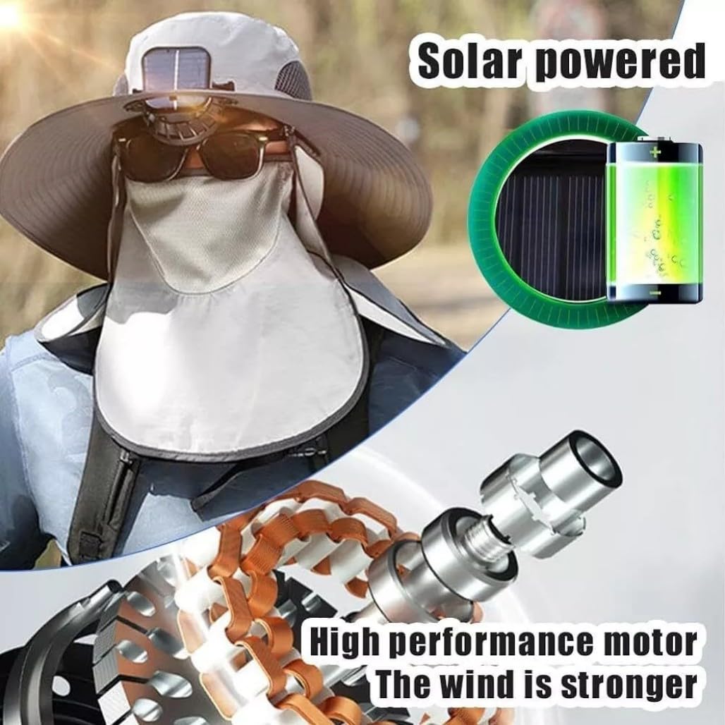 2025 New Ultralight Solar Fan Sun Hat, Wide Brim Solar Fan Hat Outdoor Fishing, Men Rechargeable UPF50+, Waterproof (H)