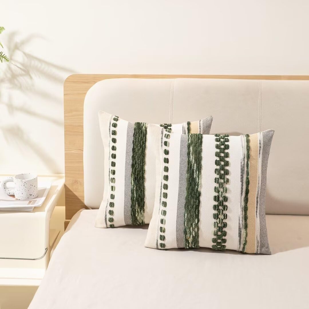 WANLIRD Boho Throw Pillow Covers 18x18 Set of 2 Christmas Decorative Cushion Case Striped Square Pillows Cover Chenille Pillow Cases Accent Neutral Pillowcase for Sofa Couch Bed,Dark Green