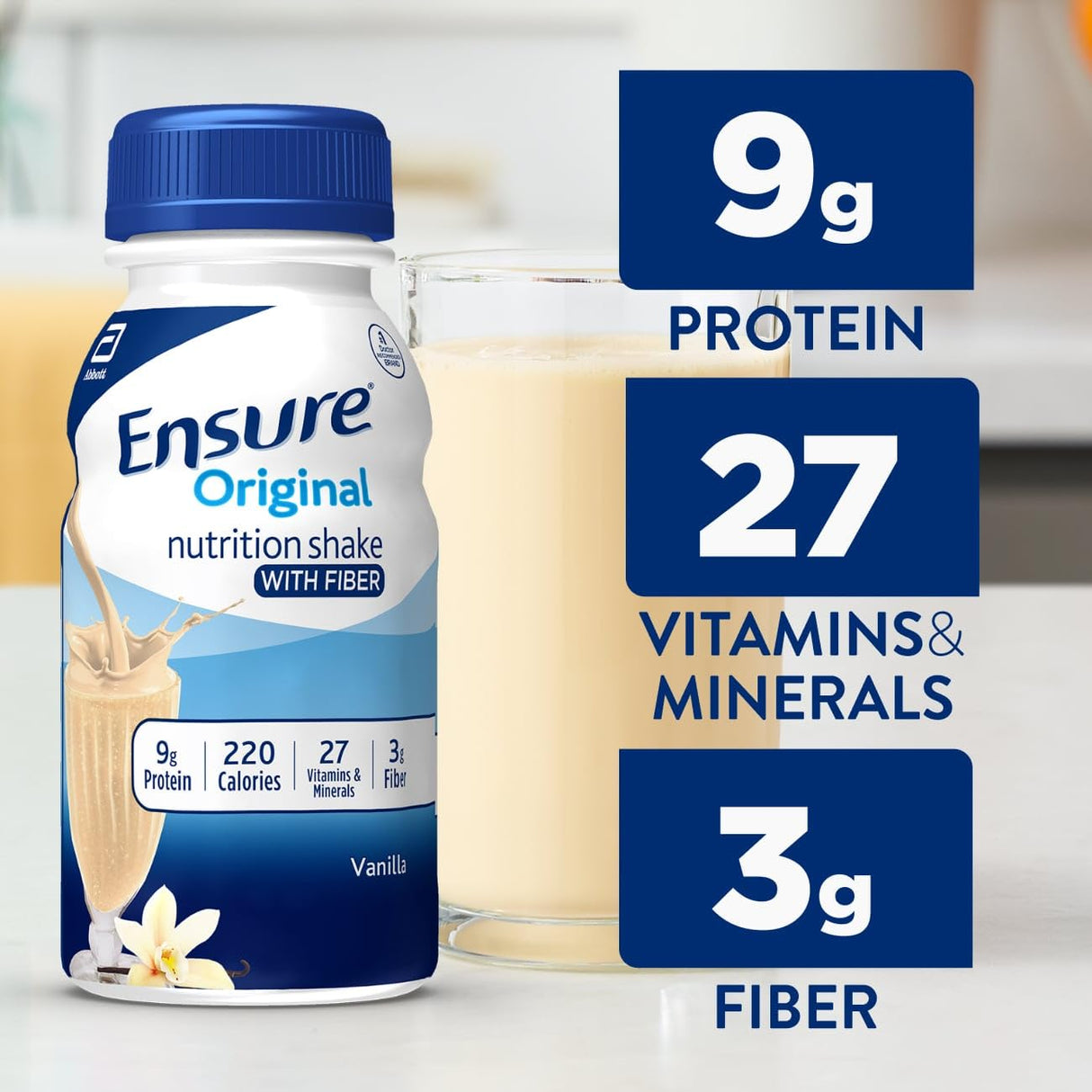 Ensure Original Vanilla Nutrition Shake with Fiber| Meal Replacement Shake | Ready To Drink | 9g Protein, 27 Vitamins and Minerals | 8 fl oz - 24 Pack