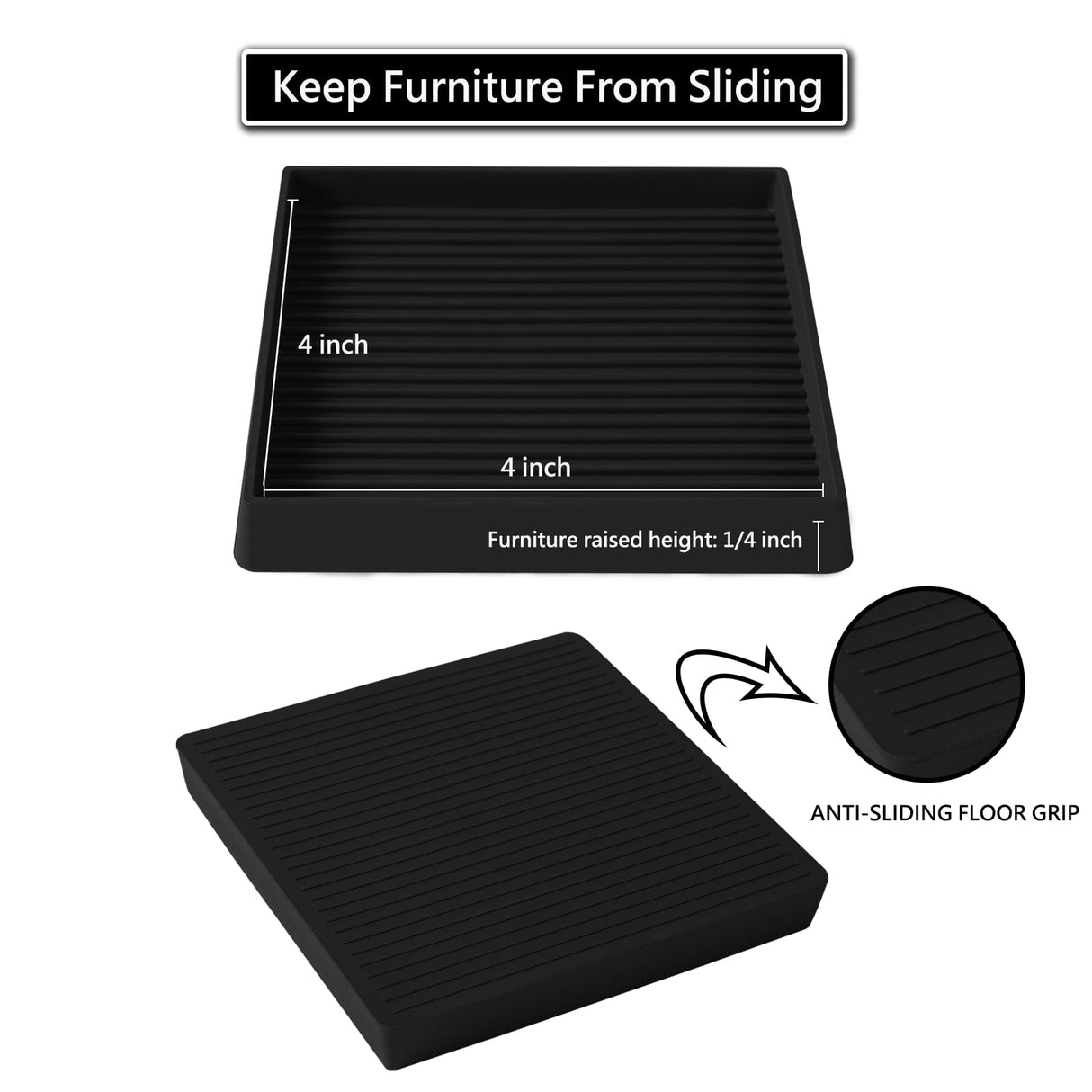 4x4 Square Rubber Furniture Caster Cups, Anti-Sliding Furniture Pads Bed Stopper Floor Protectors with Grip - Protect Any Flooring