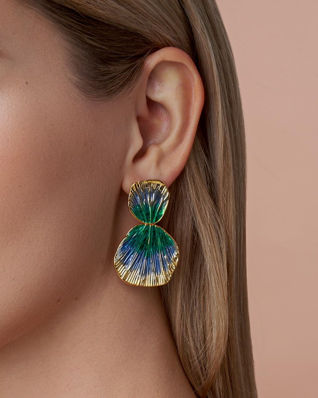 Colorful 18K gold plated Boho Chunky Leaf Floral Geometric Textured Dangling Statement Earrings for Women by SNGIA, Large Orange Green Handmade Trendy Ribbed Fan Dangle Jewelry Gifts, Big Summer Round Oval Square African Beachy Vacation Flower Fashion Acc