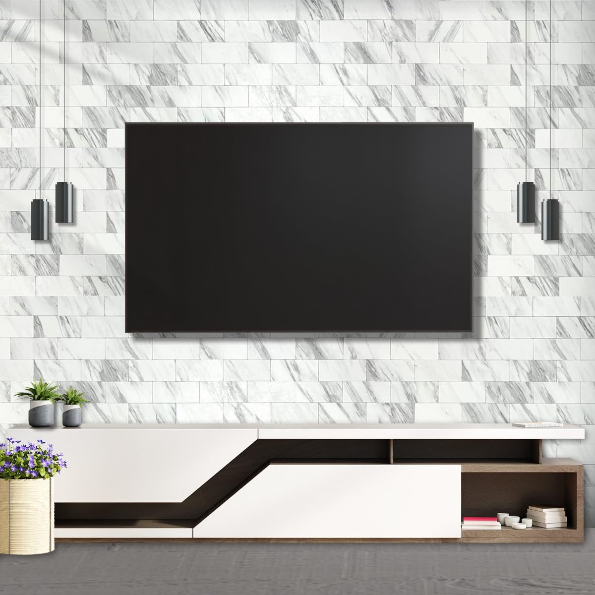 AULIGET 100-Piece White Marble Look Peel and Stick Backsplash Wall Tiles, 3" x 6" PVC Faux Stone Stick on Tile for Backsplash Kitchen, Bathroom, Laundry Room, Camper, Fireplace